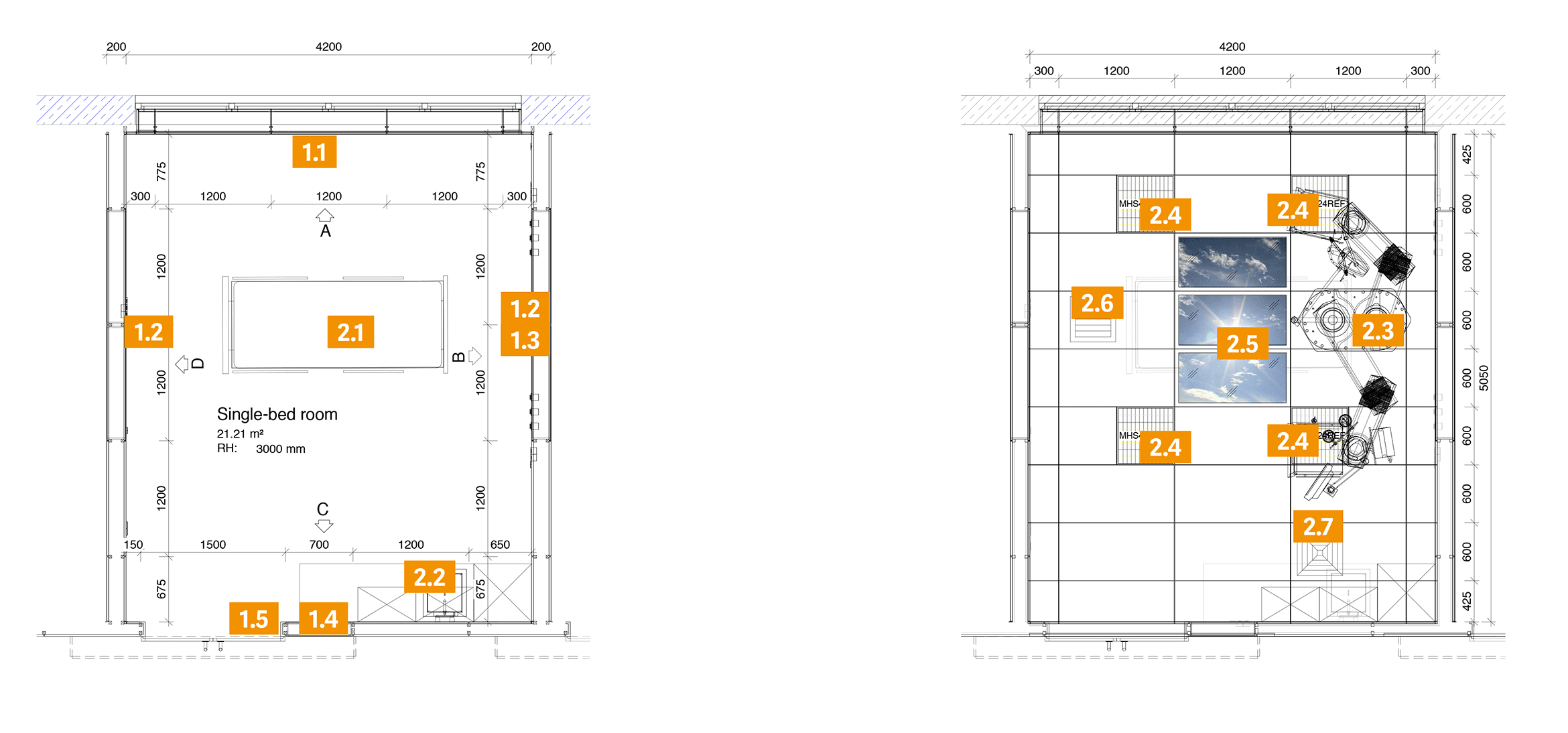 Grundriss und Deckenspiegel ITS Einzelzimmer